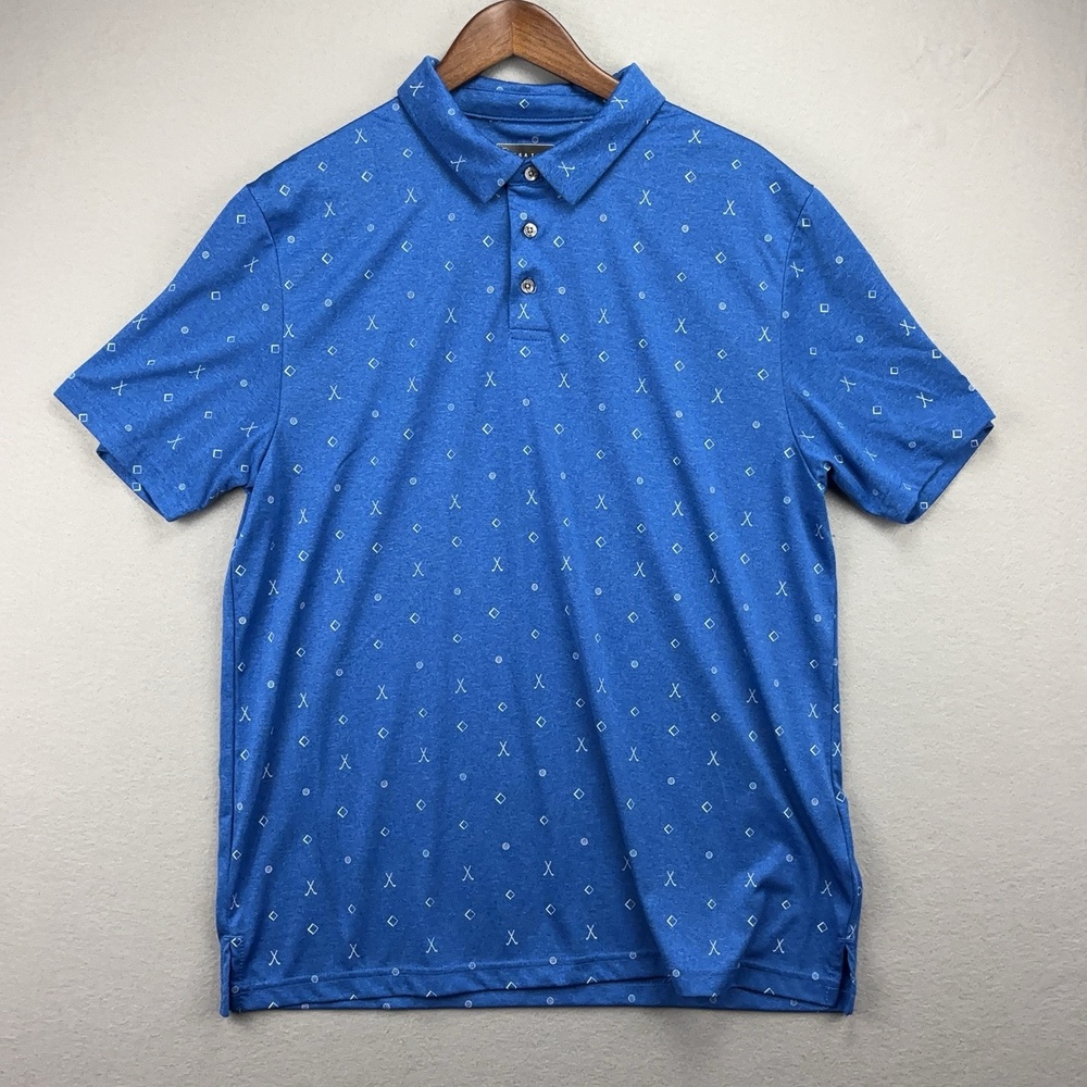 PGA TOUR Polo Shirt Mens XL Blue Geometric Print Golf Performance Short Sleeve